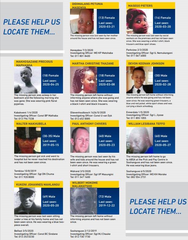 Please help the SAPS to reunite these missing person’s with their families and loved ones