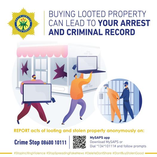 Buying looted property is a criminal offense! Report stolen Goods!