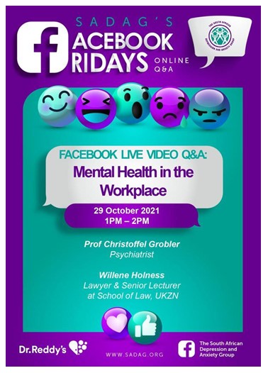 Join SADAG's Facebook LIVE Video Tomorrow focusing on Mental Health in the Workplace from 1pm - 2pm