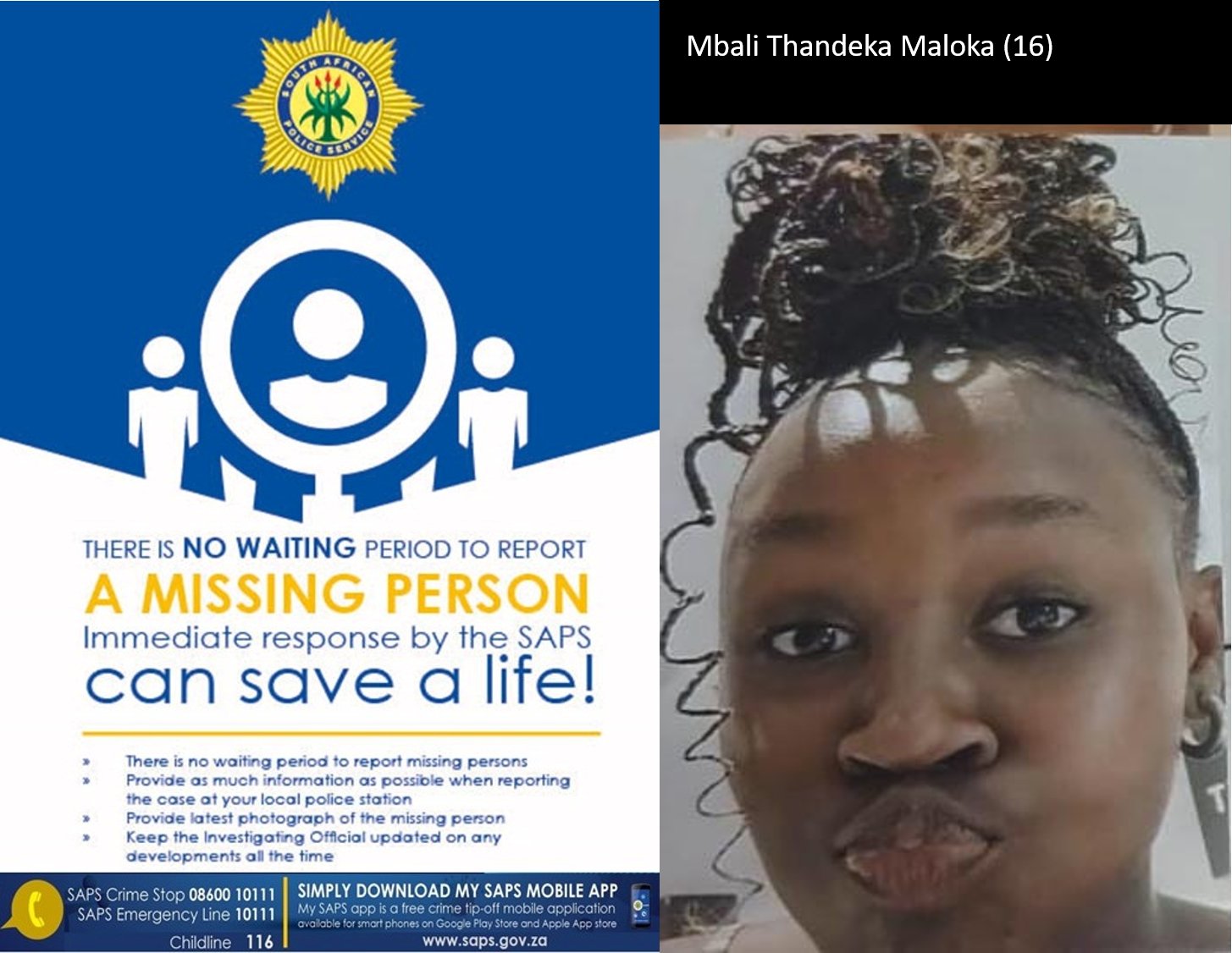 Police initiate a search after Mbali Thandeka Maloka went missing from Kutloanong