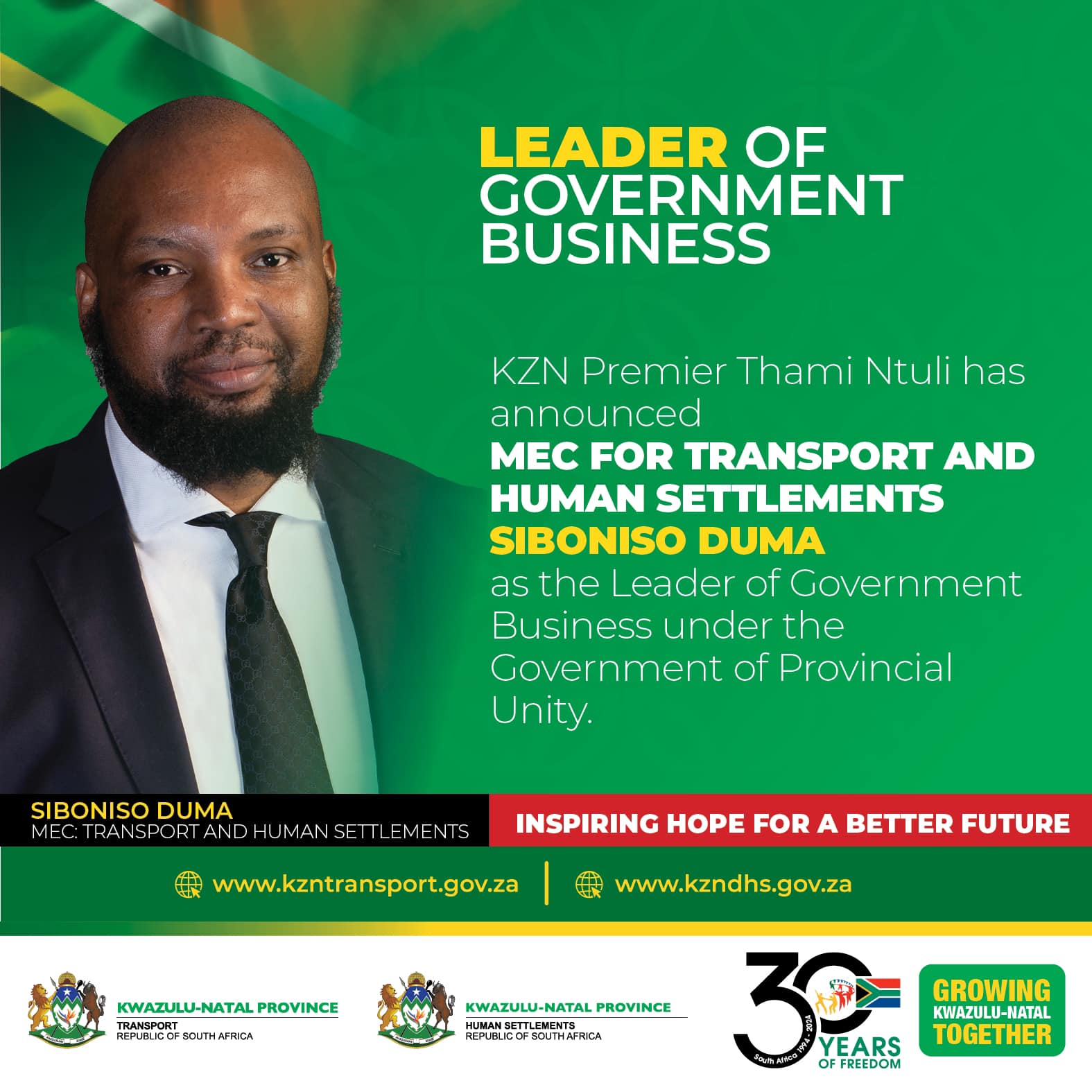 Today KZN Premier Thami Ntuli announced my appointment as the Leader of Government Business