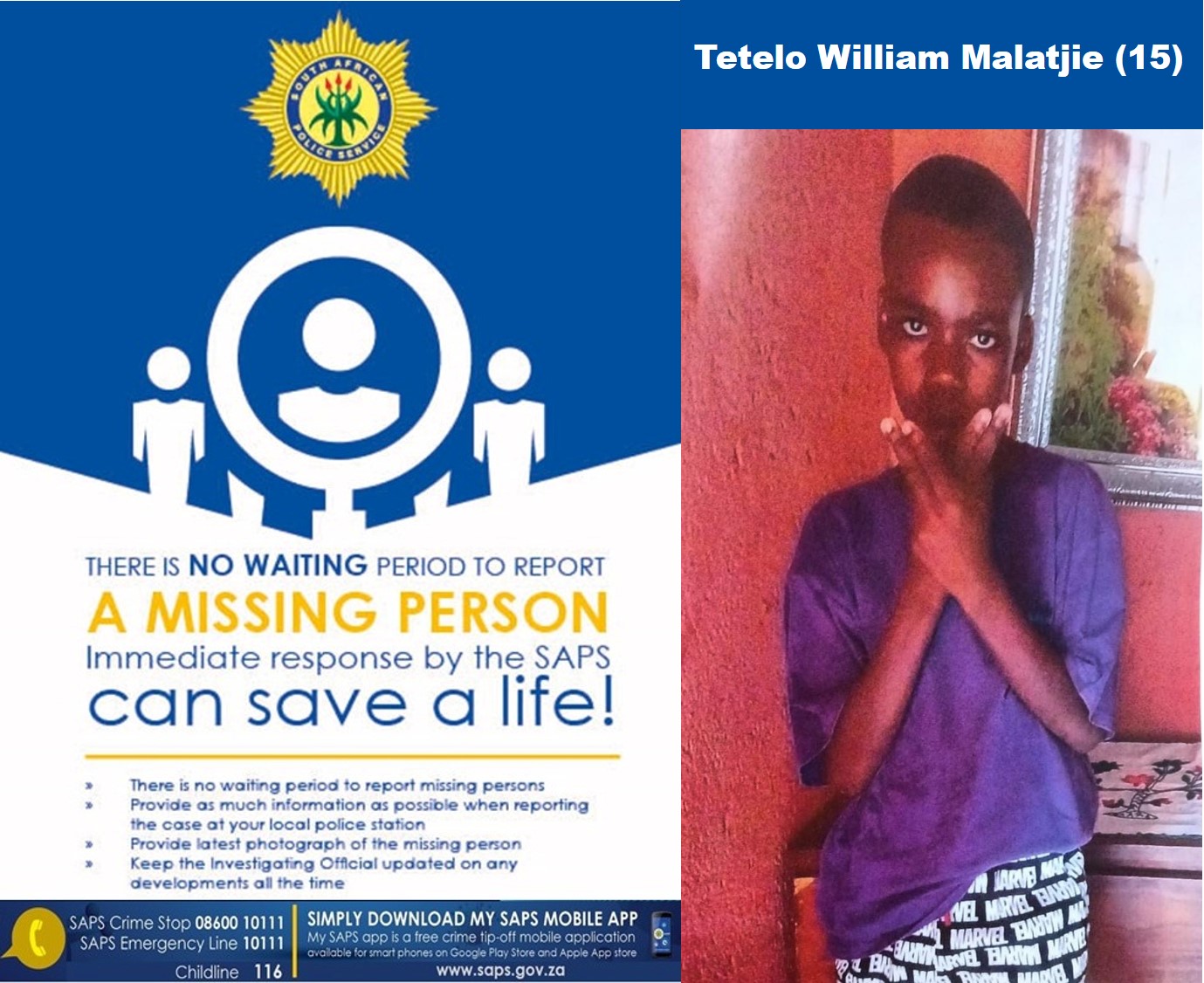 Search for a teenage boy from Bothashoek