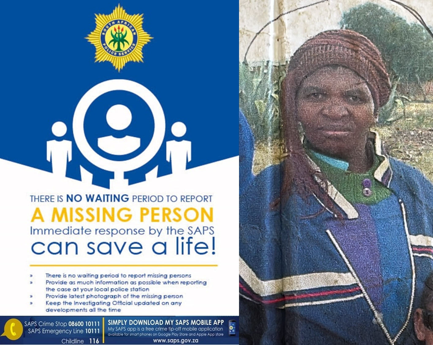 The Mothibistad SAPS in the Northern Cape is requesting the assistance of the public in locating 58-year-old Mary Tauname