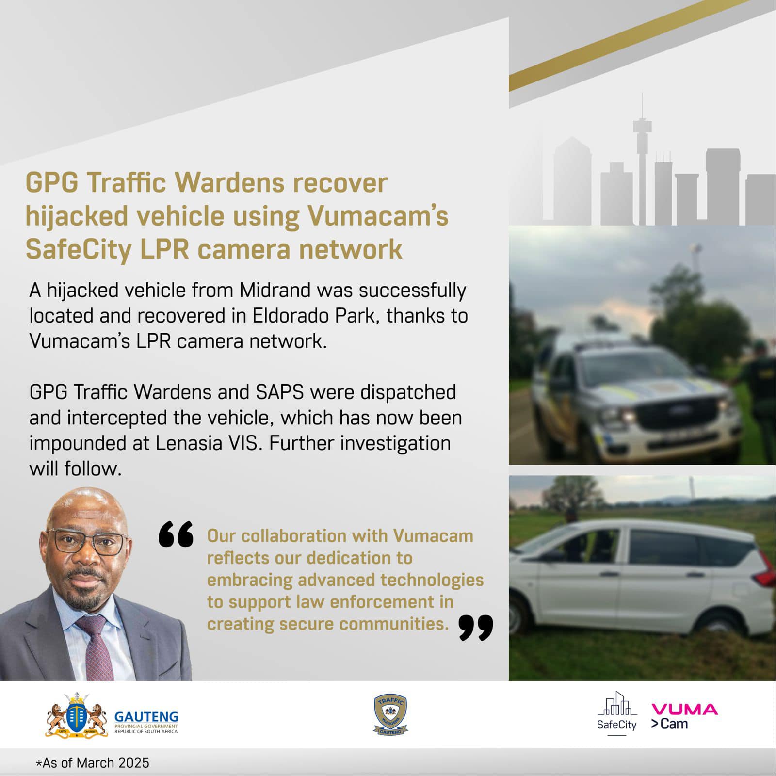 GPG Traffic Wardens recover hijacked vehicle using Vumacam's SafeCity LPR camera network